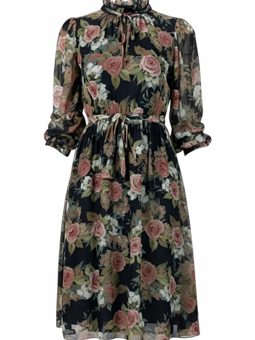 Mikael Aghal Black Floral Tie-Waist Midi Dress with Pink Roses